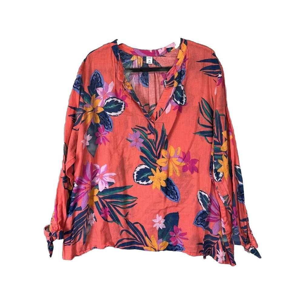 Old Navy V Neck Floral Linen Blend Blouse Plus Size XXL Long Sleeve Pullover Top